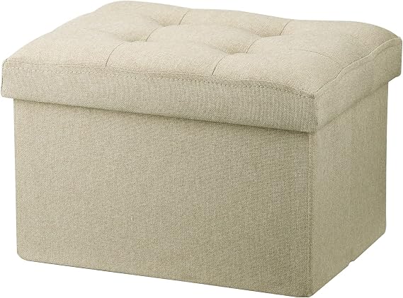 LINMAGCO Ottoman Storage Ottoman with Storage Small Foot Rest Stool Under Desk Stool Short Folding Footrest Linen Cloth Beigh 16X12X12IN