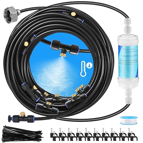 Misters for Outside Patio with Water Filter, Patio Misters for Cooling Outdoor, 33FT (10M) Misting Line 8 Brass Misters Metal Adapter(3/4"), Misting System for Garden Greenhouse Gazebo Trampoline