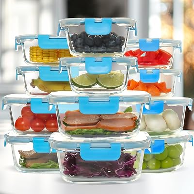 UMEIED 12 PACK Glass Food Storage Containers with Leak Proof Lids, Glass Airtight Meal Prep Containers Set for Lunch, On the Go, Leftover, Kitchen Pantry Organizers and Storage Blue