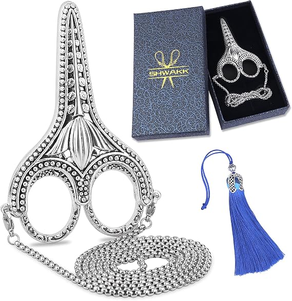 SHWAKK Embroidery Scissors Exquisite Stainless Steel Sharp Tip Retro Scissors with Sheath Chain Sewing Scissor for Sewing,Embroidery, Needlework