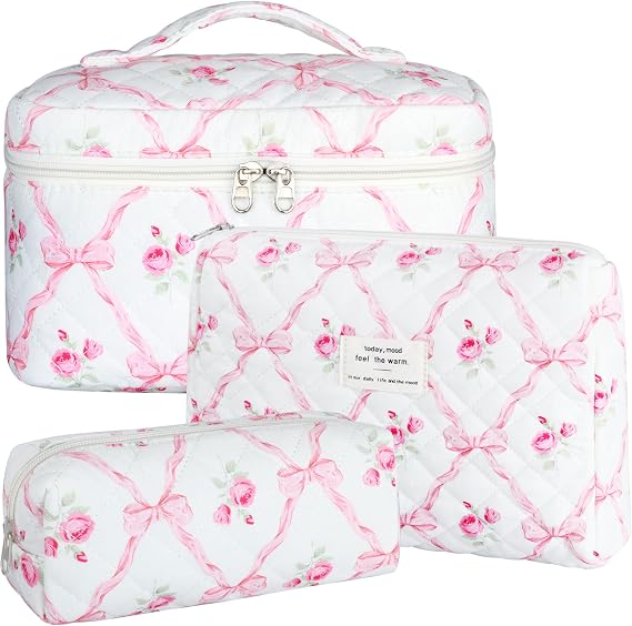 BuyCard Quilted Rose and Bow Makeup Bag Set, 3Pcs Cotton Floral Cosmetic Bags, Cute Aesthetic Coquette Makeup Bag Travel Cosmetic Organizer with Toiletry Pouch & Brush Holder for Women