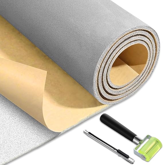 Self-Adhesive Auto Headliner Fabric 3660 Inch Suede Headliner Replacement with Foam Backing Auto Roof Replacement Material with Roller and Knife for Car Truck SUV Rv Roof DIY(Gray)