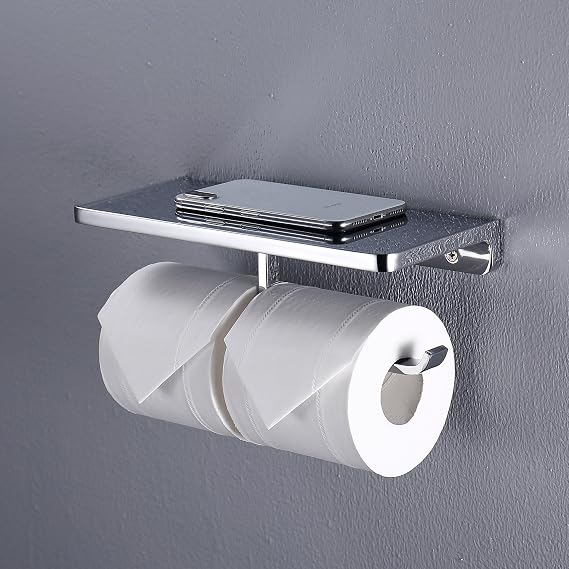 Double Toilet Roll Holder Wall Mount Tissue Roll Holder, Zinc Alloy+Stainless Steel, Waterproof and Rust-proof, Commercial/Home Toilet Paper Dispenser with Phone Shelf, Bathroom Accessories