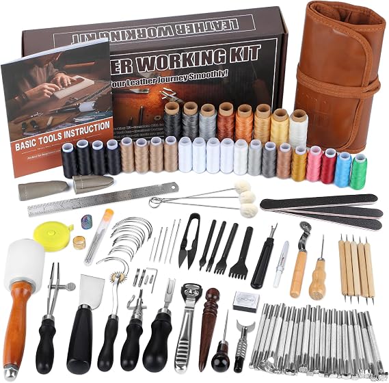 BUTUZE Leather Kit, Leather Tooling Kit for Beginners, Leathercraft Tools with Stamping Tools, Beveler, Groover, Stitching Punch Sewing Thread and Needles - Roll Bag and Manual