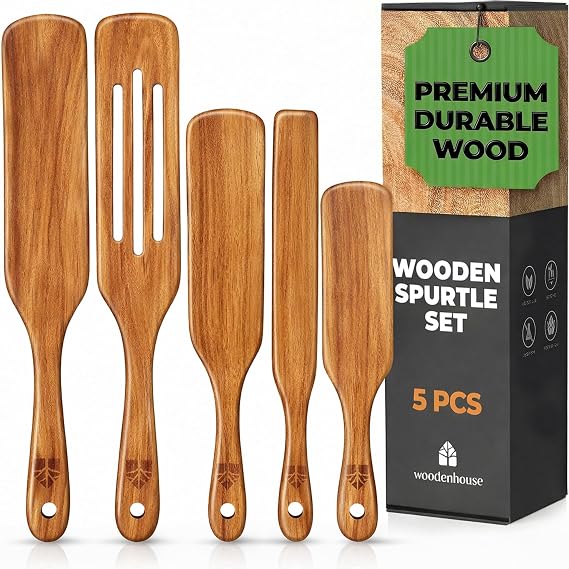 Teak Spurtle Set of 5, Wooden Spurtle Spatula Kitchen Tools for Cooking