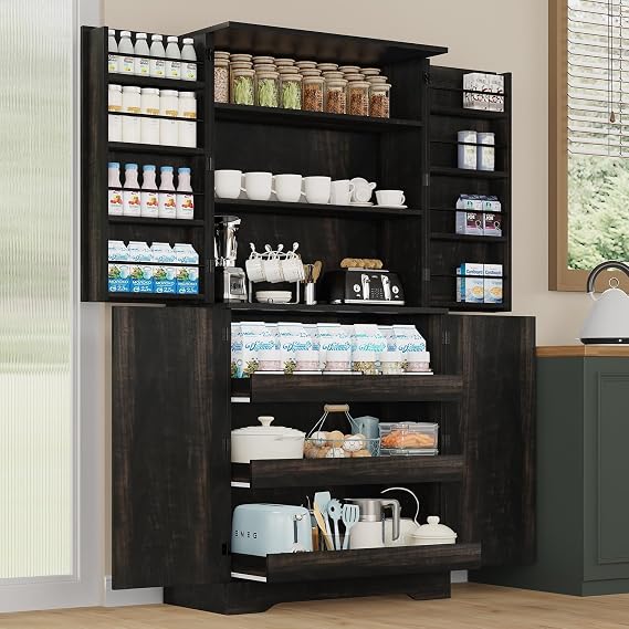 REVOMINCA 72 Inch Pantry Cabinet with Barn Door, Tall Storage Cabinet, Oak | 72 inch tall pantry cabinet provides ample vertical storage space to organize kitchen essentials, dining supplies, and househ