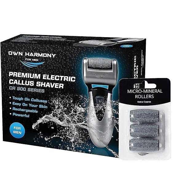 Own Harmony Electric Feet Callus Remover and 6 Rollers Bundle: Rechargeable Foot Scrubber Mens Pedicure Tools Kit, Professional Electronic Foot Care File, Best for Hard Cracked Dead Skin & Pedi Spa