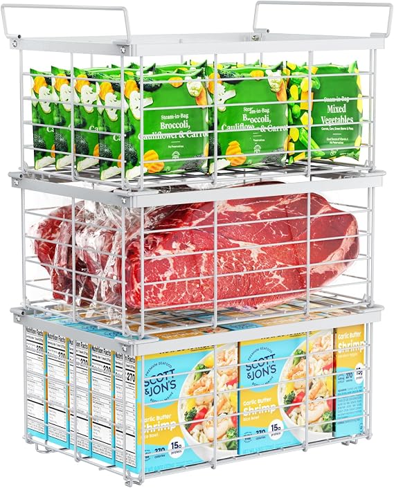 iSPECLE Chest Freezer Baskets, For 283L-566L Chest Freezer, 3 Pack Large Heavy-Duty Stackable Freezer Organiser to Double Your Storage Space, Robust Metal Sorting System for Bulk Food, White