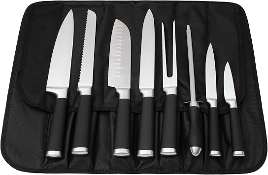 9-Piece Kitchen Knife Set in Carry Case - Ultra Sharp Chef Knives with Ergonomic Handles - Professional Japanese Chefs Knife Set with Paring, Carving, Bread, Santoku, Utility Knives, Fork, Sharpener