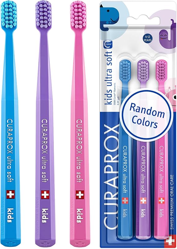 Curaprox Kids Ultra Soft Toothbrush, Random Colors, 3-Pack, Swiss Made | Dentist Recommended, Ultra-Soft Filaments, Gentle to Gums, Swiss Oral Care