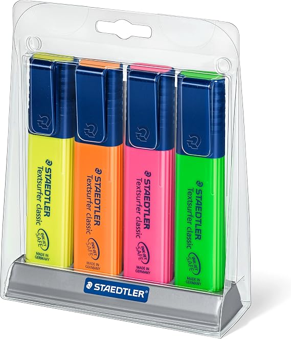 STAEDTLER Textsurfer Classic Highlighters - 4 Colors Rainbow Set with Stand, Ultra-Soft Chisel Tip, Fast-Drying Ink, Large Reservoir for Extended Use