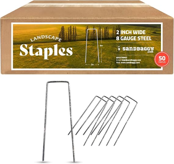 Sandbaggy 8 Inch Long x 2 Inch Wide Extra Wide Landscape Staples | Industrial Grade Fabric Ground Cover Stakes | Designed to Hold Down Drip Tubing & PVC Up to 2" Diameter (50 Staples)