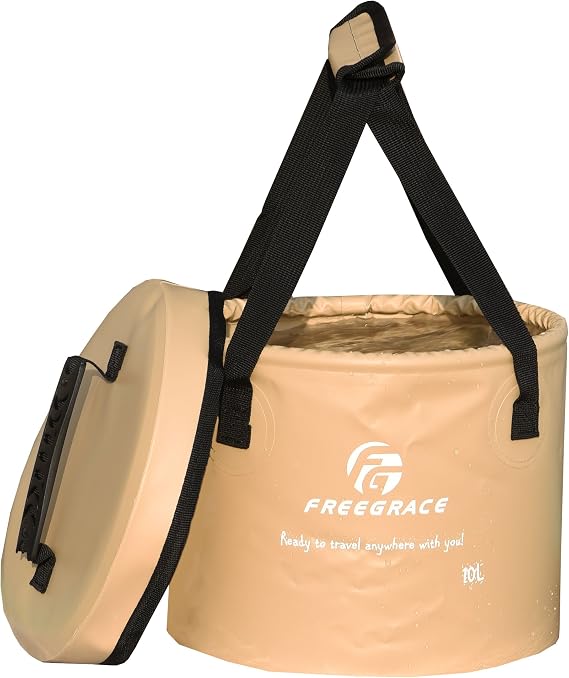 Freegrace Collapsible Bucket with Mesh Tool Pocket - 10L, 16L & 23L Portable Folding Water Container - Heavy Duty 500D Tarpaulin, BPA-Free Wash Basin for Camping, Fishing, RV, and Car Washing