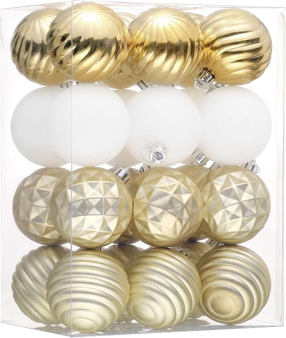 Valery Madelyn Christmas Ornaments Tree Decorations Set, 24ct White Gold Shatterproof Ball Ornaments, 2.36" Hanging Ornament Bulk for Xmas Holiday Party Decor