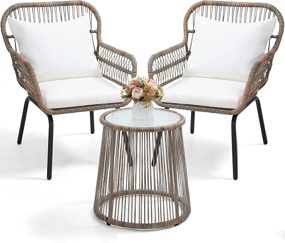 wildformers 3-Piece Rattan Bistro Set, Patio Conversation Set, Natural
