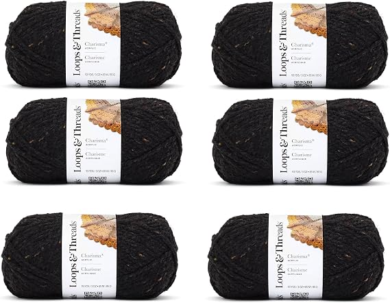 Loops & Threads Charisma Tweed Yarn - Multicolor Yarn for Knitting, Crochet, Weaving, Arts & Crafts - Black, Bulk 6 Pack