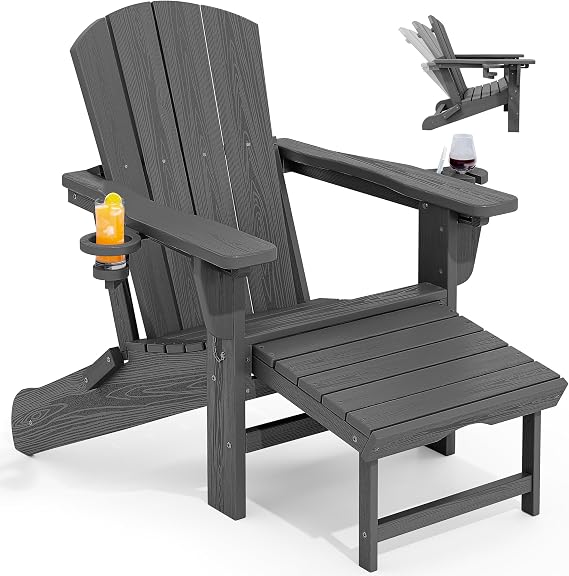 Folding Adjustable Adirondack Chair with Retractable Ottoman, HDPE Weather Resistance Oversized Outdoor Chair with Cup Holder, Wood-Like Recliner Versatile Adirondack Chair, Grey