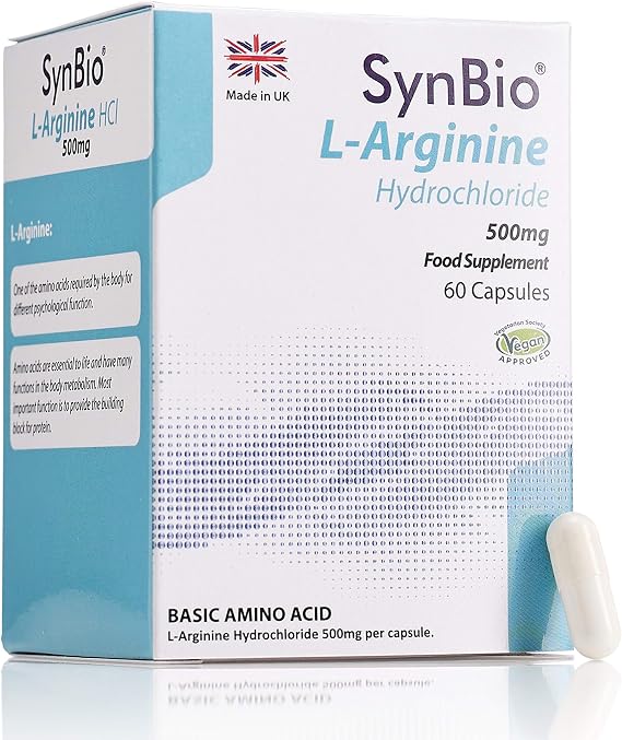 L-Arginine Hydrochloride 500mg | 60 Capsules | Vegan | Nut Free | SOYA Free | Dairy Free | Yeast Free | Sugar Free | Gelatin Free | Made in The UK