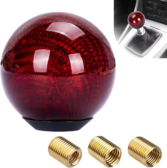 ecocstm Carbon Fiber Shift Knob, Round Ball Shifter Knobs with 3 Adapters | Weighted Gear Shift Knob, Car Stick Shifter Accessories, Compatible with Most Manual Vehicles (Red)