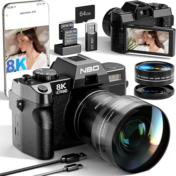 NBD 8K 64MP Digital Cameras for Photography with Dual-Lens,180Flip Screen | 16X Zoom, WiFi , Wide-Angle & Macro Lens, Autofocus, 2 Batteries, 32GB Card, for YouTube and Travel,Teenagers and beginners