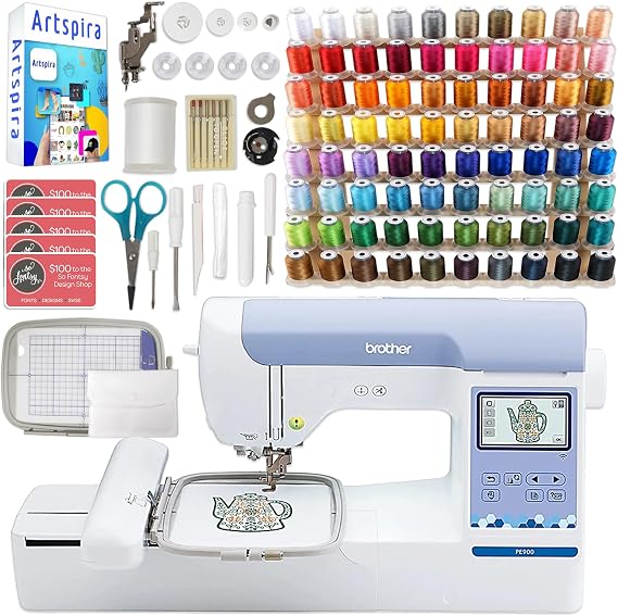Brother PE900 5" x 7" Embroidery Machine with 80 Embroidery Thread Spools and Accessories