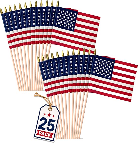 Super Tough American Mini Flags, 12x18 in, 2.5-ft Wooden Stick, 25 Pack