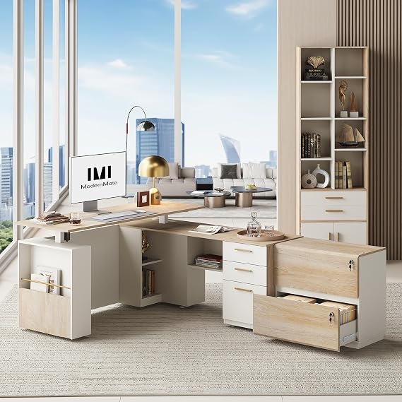 ModernMate 63" L Shaped Standing Desk with Drawers, Height Adjustable Electric Executive Office Desk with 73" Bookshelf and 2 Lateral File Cabinet, Home Office Furniture Set, Light Walnut