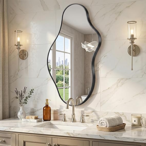 Irregular Wall Mirror, 24"x43" Black Abstract Asymmetrical Mirrors for Wall, Decorative Cloud Wavy Mirror for Bathroom, Bedroom, Cloakroom, Entryway, Shatter-Proof Aluminum Alloy Frame