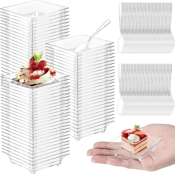 KAHEIGN 100Pcs Plastic Appetizer Plates with Spoons, 6CM Square Dessert Tasting Dishe Clear Parfait Appetizer Bowls Reusable Serving Plates for Dessert Appetizers Sample Party (6cm x 1.5cm)