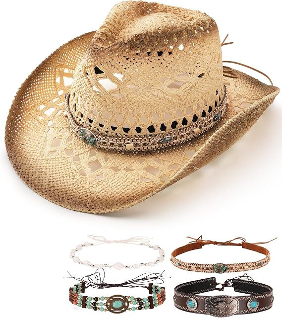 FURTALK Straw Cowboy Hat for Women Men with 4-Style Decorative Bands Stiff Wide Brim Western Style Cowgirl Hat