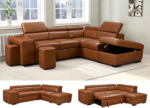 103'' Brown Breather Leather L Shaped Sectional Sleeper with Pull Out Bed