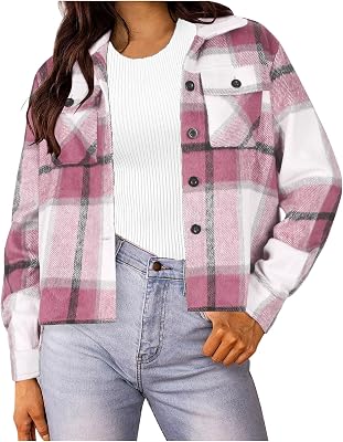 Shackets for Women 2025 Cropped Flannel Bomber Jacket Dressy Casual Fall Jackets Plaid Button Down Coats with Pockets