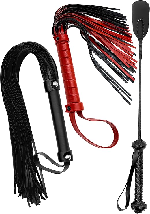 Riding Whip for Bedroom Red 18" and Faux Leather Flogger Black 27", Feather Crop 18", Floggers Adult Play - Sexy Set for Couples