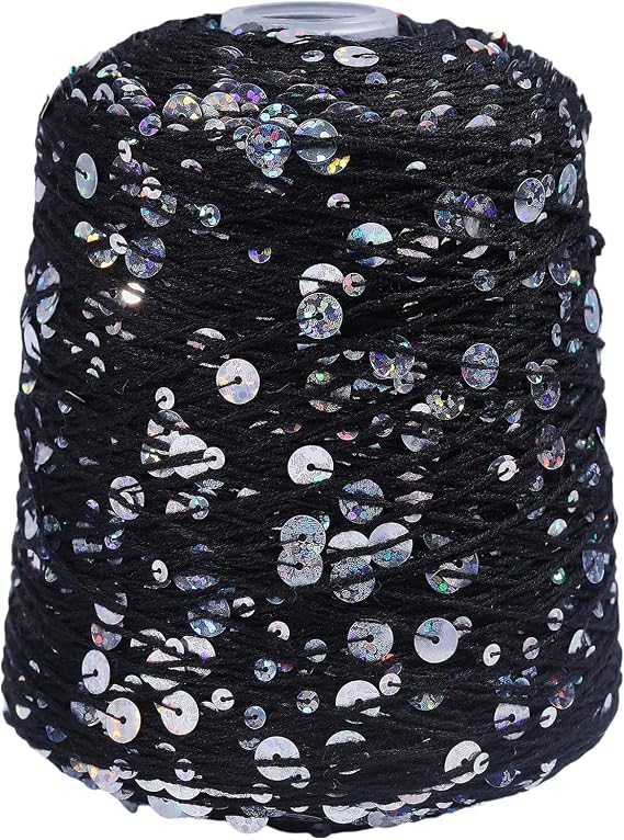FREEBLOSS 656 Yards Shimmering Sequin 100% Cotton Yarn Black Sequin Sparkling Thread Yarn for Crocheting, Knitting,Weaving 200g