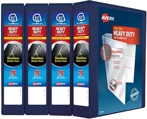 Avery Heavy-Duty View 3 Ring Binders, 1.5" Rings, 4 Navy Binders