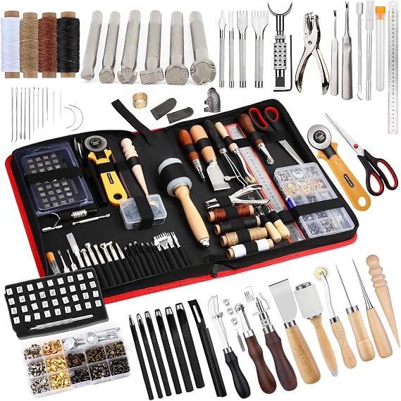 Leather Working Kit, Professional Leather Crafting Tools and Supplie | Leather Tooling Kit with Storage Bag Punching Stamping Carving Rivet and Snap Leather Working Tools for DIY Craft