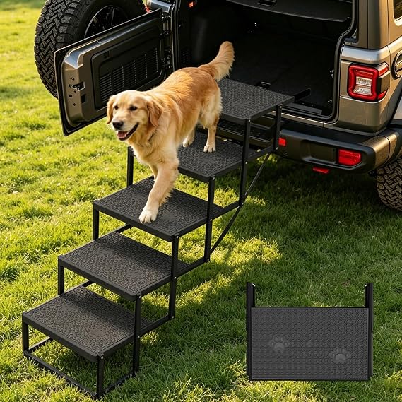 Dog Steps for Car, 5 Steps Foldable Dog Stairs for Large Dogs with Upgraded Non-Slip Surface, Pet Ramp Alternative, Heavy-Duty Plastic Pet Stairs for Vehicles, SUV, Truck, Lightweight & Portable