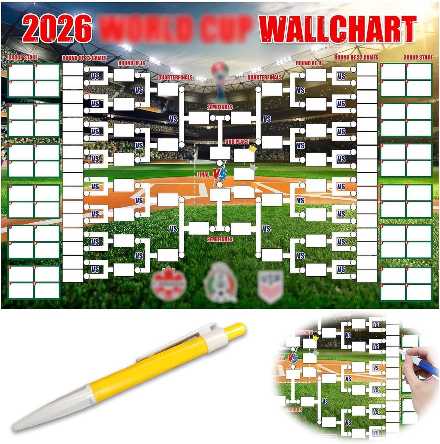 2 Pcs World Cup Wall Chart with Handwritten Pen, 1 Pcs 60x120cm 2026 Wall Chart and 1 Piece Handwritten Pen, World Cup Football Posters 48-Team Tournament, for Track The Game and Record Results