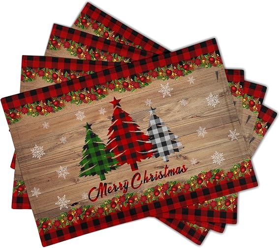 Merry Christmas Placemats Set of 4 18" x 12", Winter Xmas Tree Snowflake Red Plaid Table Mats Heat-Resisting Non Slip Reversible Burlap Coffee Place Mats for Party Dining Table Kitchen Decor