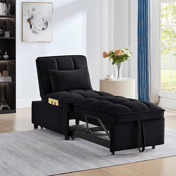 4-in-1 Convertible Sleeper Sofa Chair Bed (Black) | Folding Sofa Bed with Adjustable Backrest, Pull Out Bed with Storage Pockets, Modern Velvet Chaise Lounge