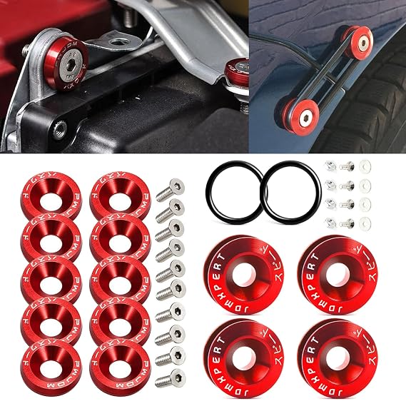 x xotic tech 10Pcs Fender Bumper Engine Bay Washer Bolt M6x20mm T6 Grade CNC Billet Aluminum + 4Pcs JDM Quick Release Fasteners Dress Up Kit (Red)