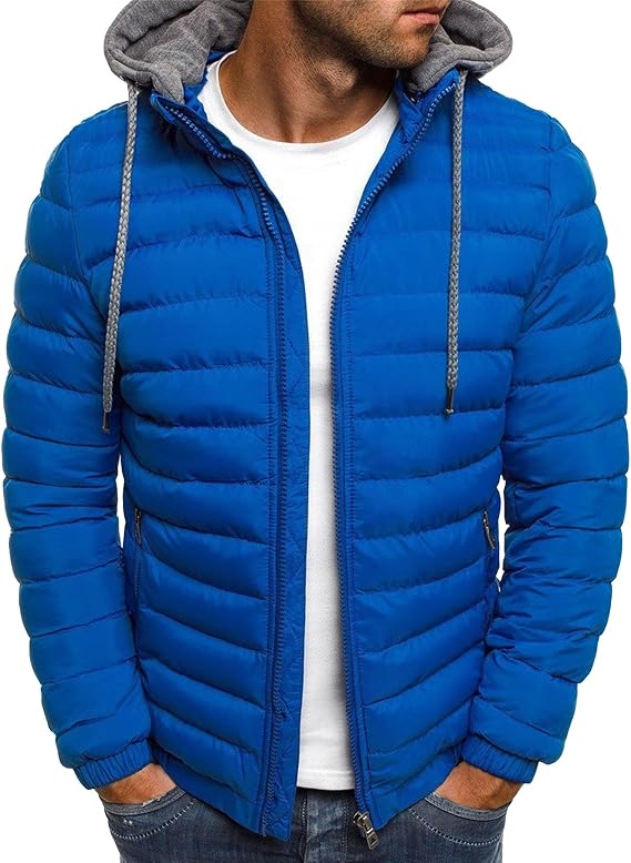 Men's Slim Thermal Puffy Jacket Coat Winter Full Zipper Drawstring Hooded Packable Winter Coat with Hood (Blue,Large)