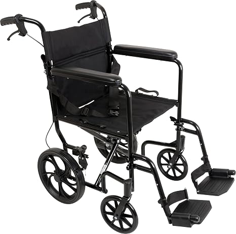 ProBasics Aluminum Transport Wheelchair With 19 Inch Seat - Foldable Wheel Chair For Transporting And Storage 12-inch Rear Wheels For Smoother Ride, 300 LB Weight Capacity