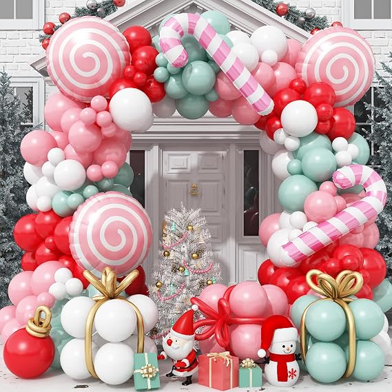 Christmas Balloons Garland Arch Kit, 129pc Xmas Pastel Pink Green Red White Balloon, Pink Candy Cane Peppermint Foil Balloon for Christmas Theme Birthday New Year Holiday Party Decoration