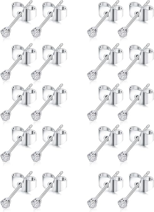 Tornito 10-20 Pairs 20G 2mm Tiny Stud Earrings 316L Stainless Steel Small CZ Ball Earring Set For Men Women