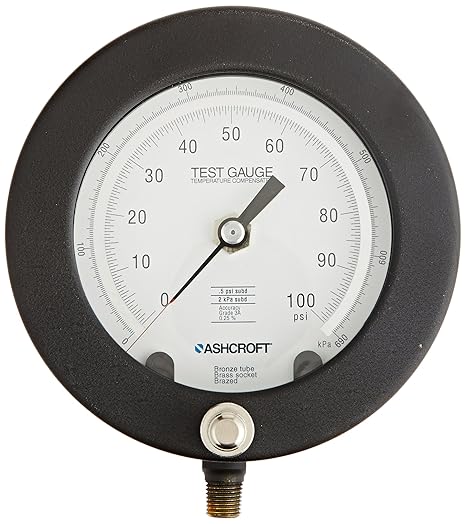 Ashcroft Type 1082 Aluminum Solid Front Case Test Gauge, Monel Bourdon Tube and Socket, Compatible with Air and Non-Corrosive Liquids, Lower Mount, 4-1/2" Dial Size, 1/4" NPT Lower Connection, 0/600 psi Pressure Range