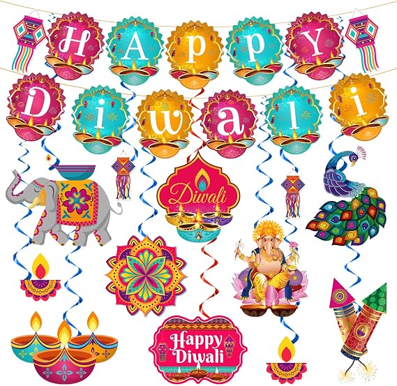 Happy Diwali Banner and Decorations - Hanging Swirls, Rangoli Diya Hanging Decor for Indian Deepavali Festival