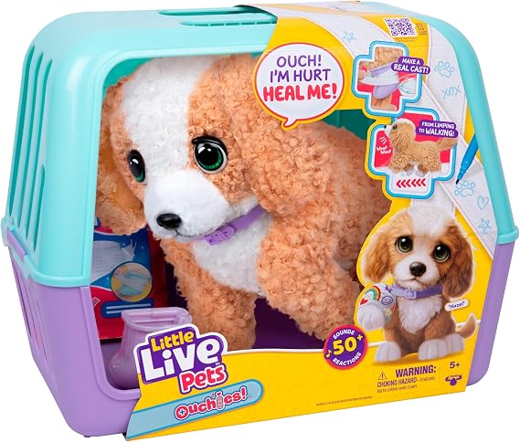 Little Live Pets Ouchies Hazel The Poodle Plush, 50+ Sounds, Limping to Walking Puppy Toy & Carrier, Interactive Puppy Toy for Kids 5+