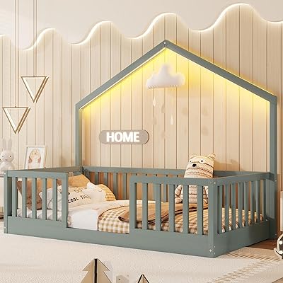 Twin Floor Bed with High Rails, Wooden Montessori-Style Bed Frame with Light, Grey