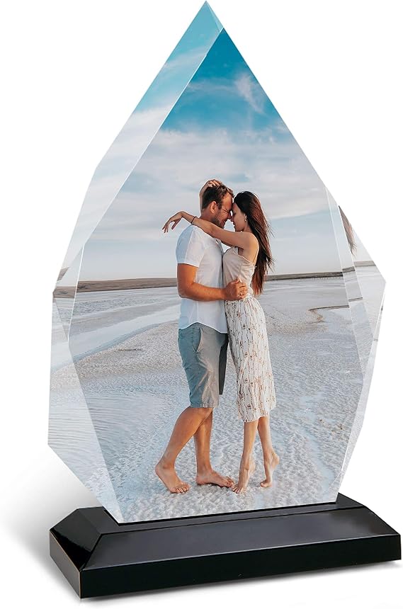 Smile Art Design Personalized Crystal Glass Print with Wood Stand - Custom Acrylic Diamond Shape Frame - 5 1/4" x 6 3/4" Gift for Him or Her